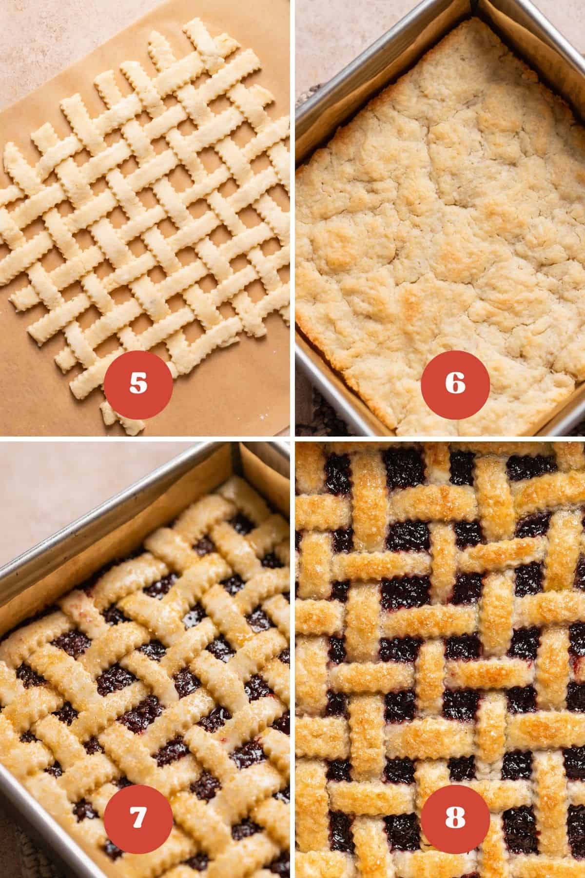 A process collage of the steps for assembling homemade cherry pie bars.