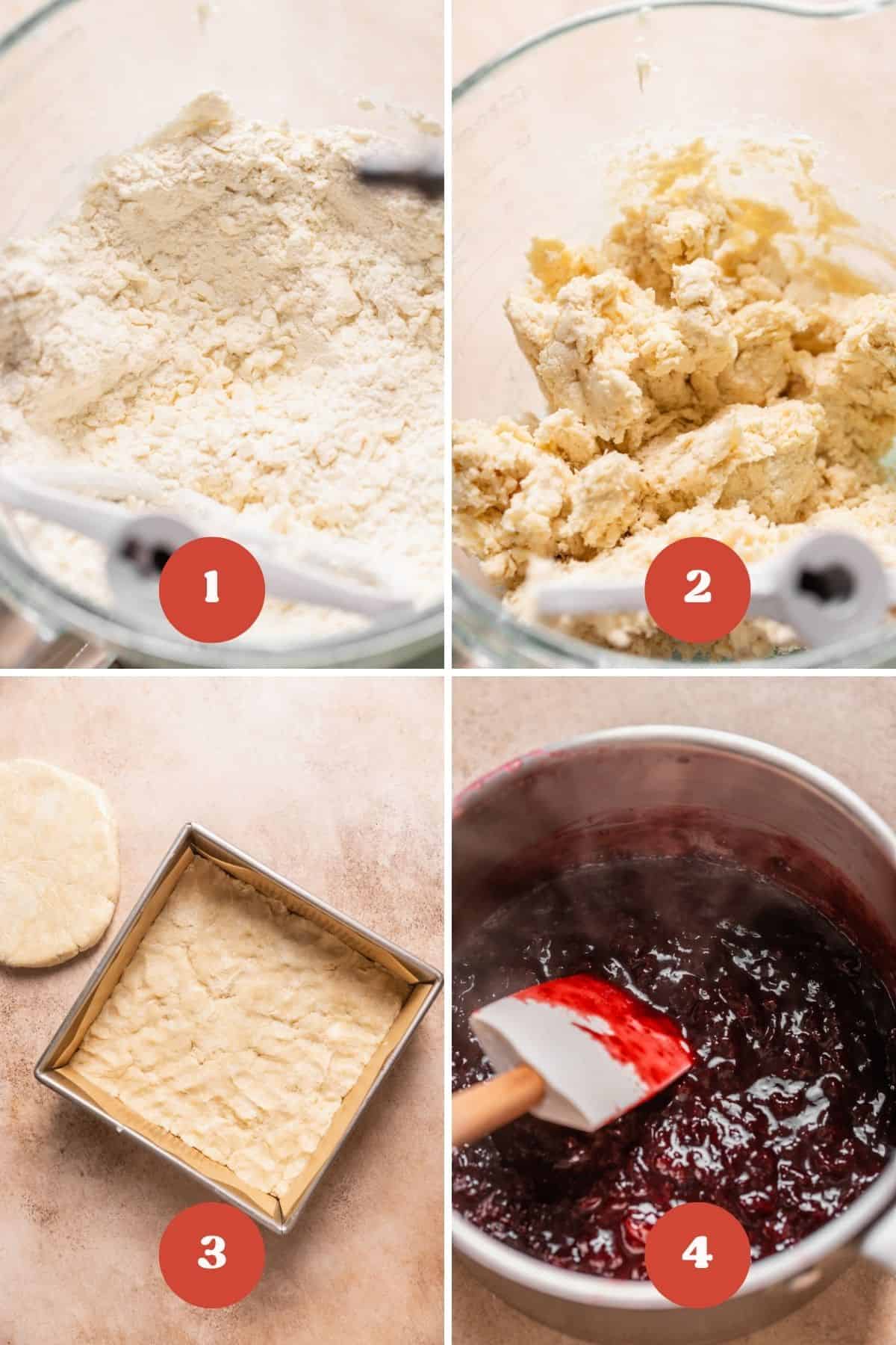 A process collage of the steps for making cherry bars with pie crust.