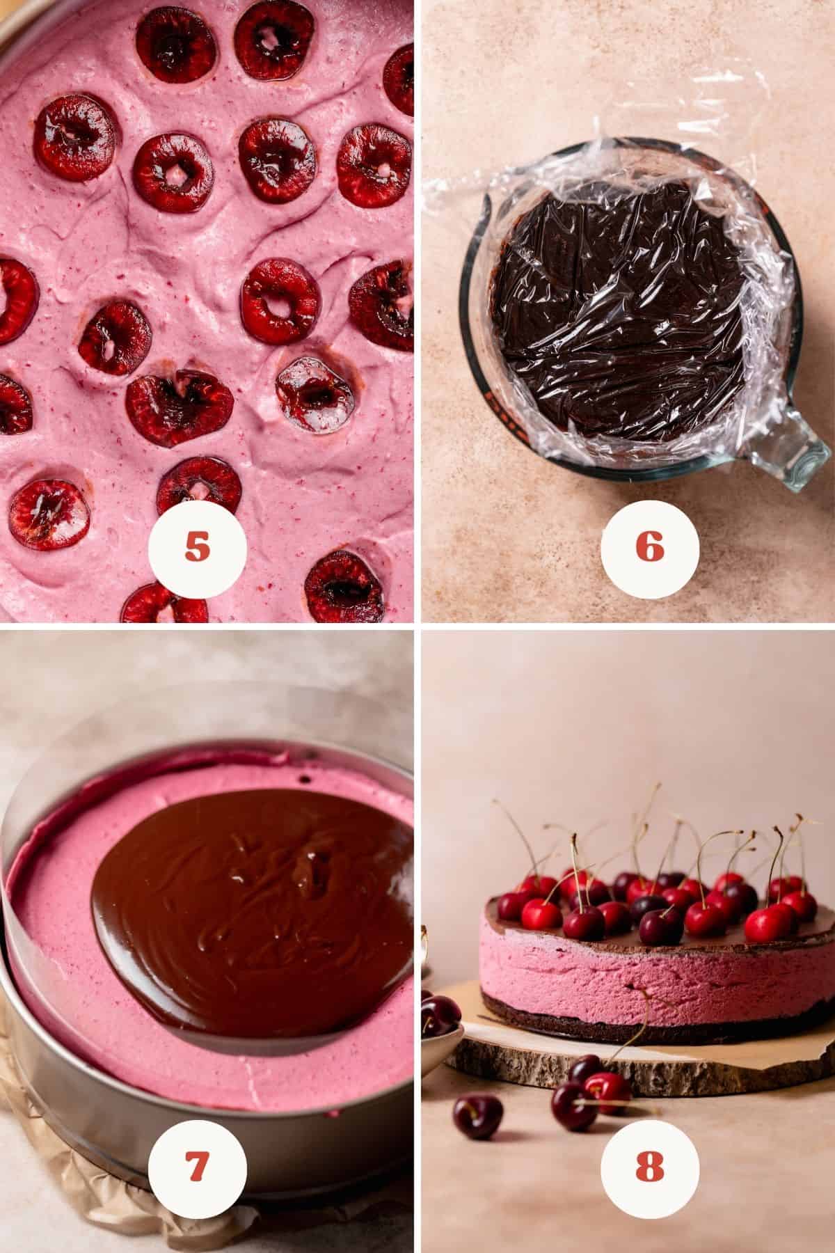 A process collage of the steps for assembling the chocolate cherry cake.