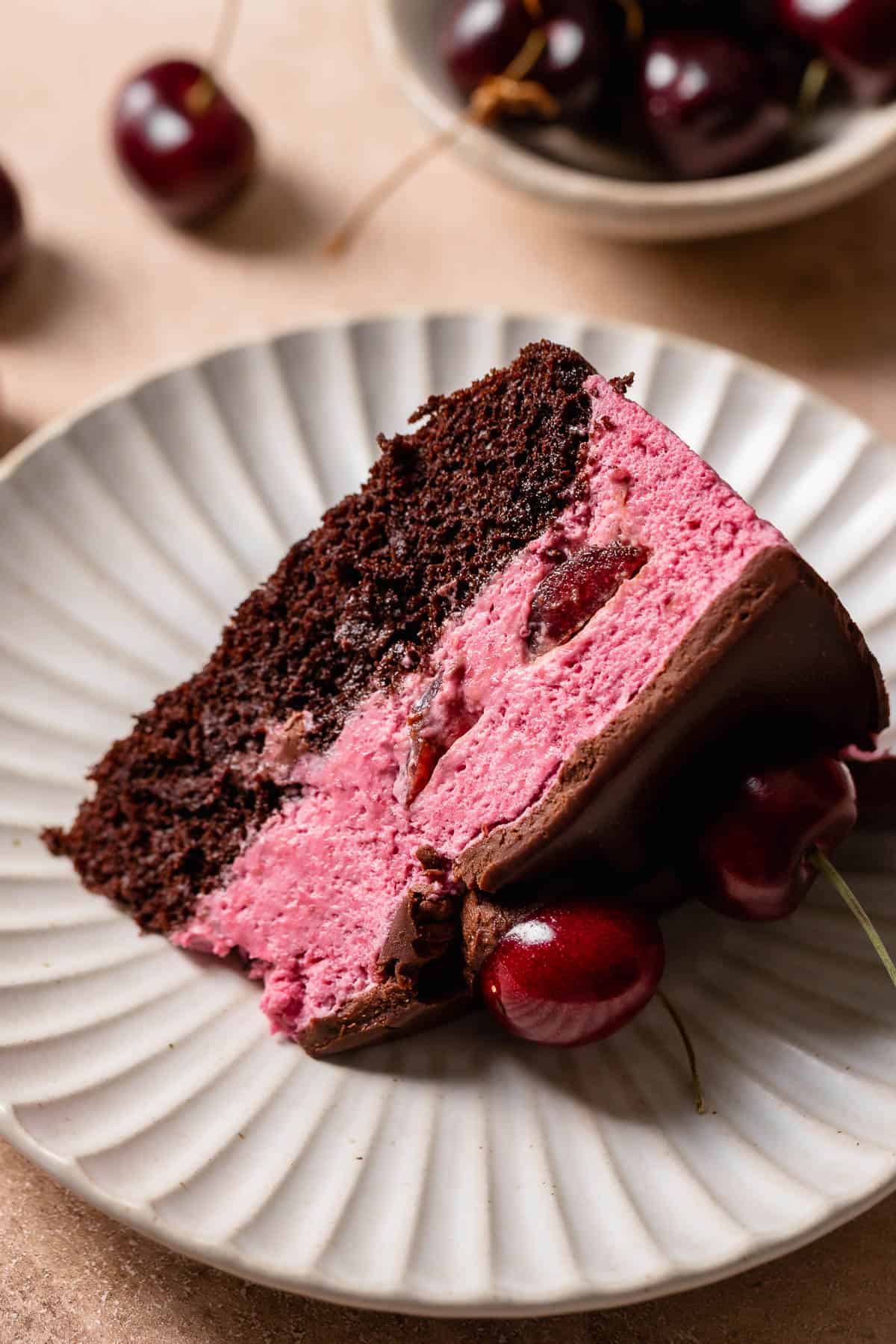 A slice of cherry chocolate cake on a white plate.