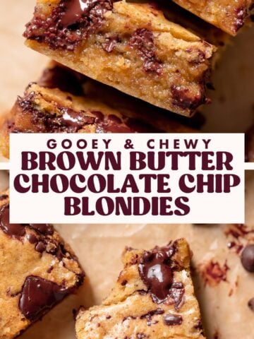 Brown butter chocolate chip blondie pinterest pin with text overlay.