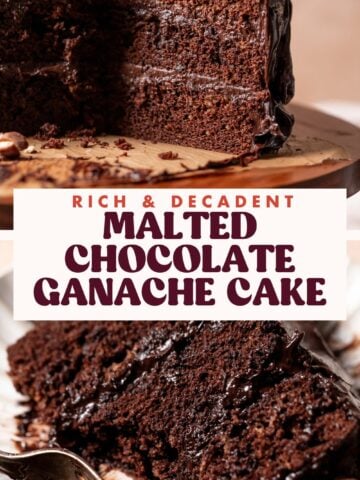Chocolate ganache cake pinterest pin with text overlay.