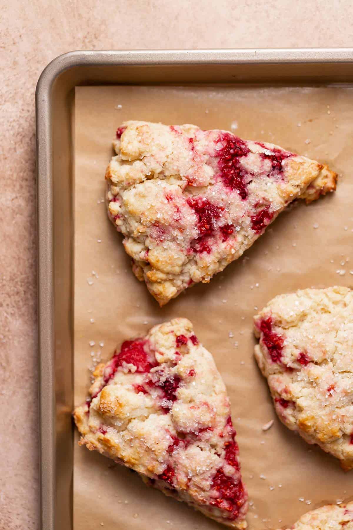 Raspberry scones on a baking sheet right after baking.