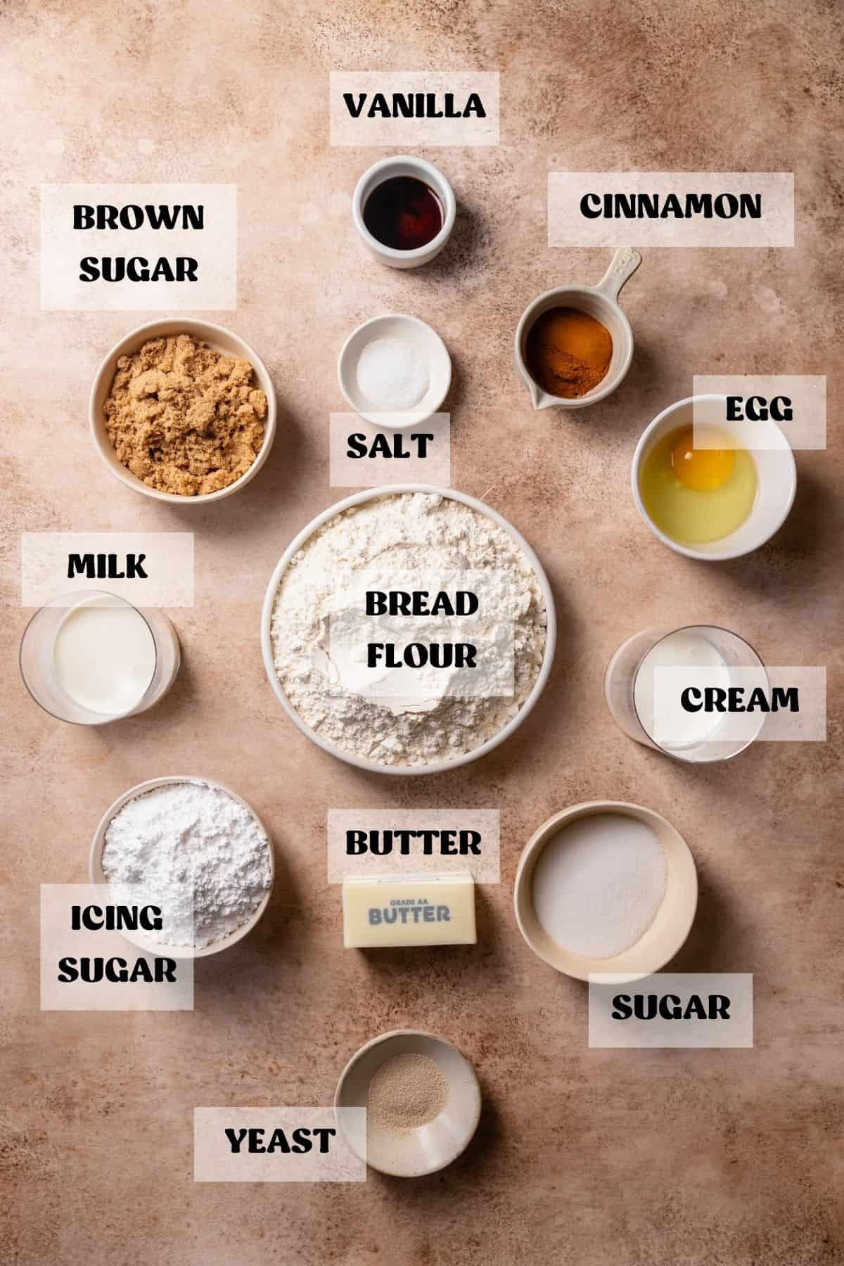 Ingredients needed to make brown butter cinnamon rolls in bowls with labels.