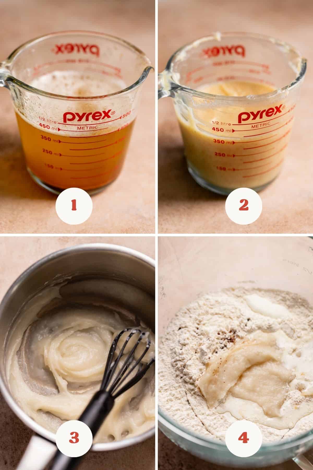 A process collage of the steps for making the brown butter cinnamon roll dough.