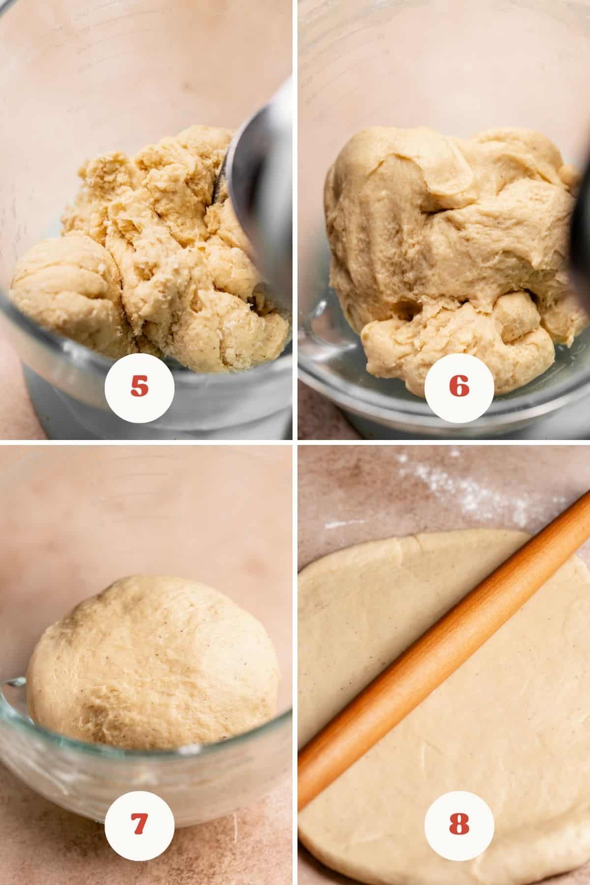 A process collage of the steps for kneading and rolling out the dough.