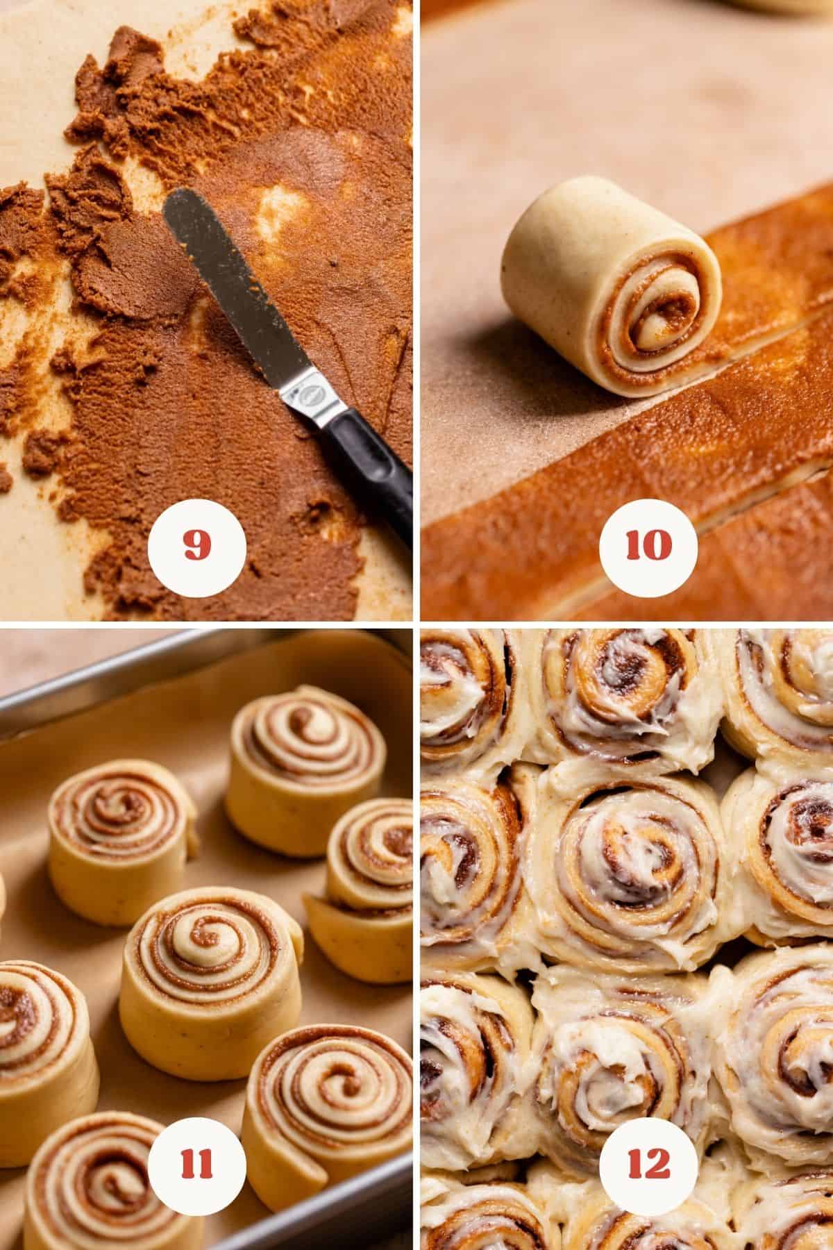 A process collage of the steps for filling and rolling out the browned butter rolls