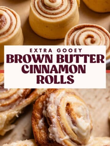 Brown butter cinnamon rolls pinterest pin with text overlay.