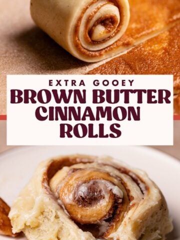 Brown butter cinnamon rolls pinterest pin with text overlay.