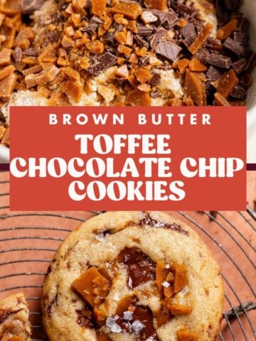 Brown butter toffee chocolate chip cookie pinterest pin with text overlay.