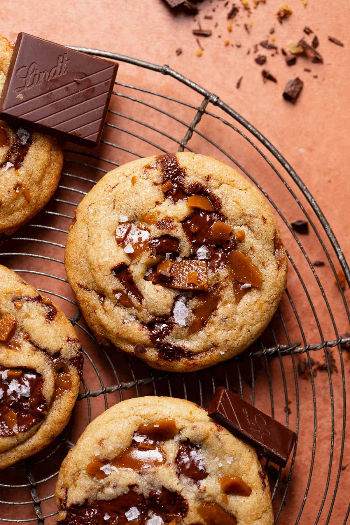 Toffee cookies with chocolate chips and toffee bits on top.