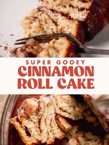 Cinnamon bun cake pinterest pin with text overlay.