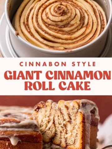 Cinnamon bun cake pinterest pin with text overlay.