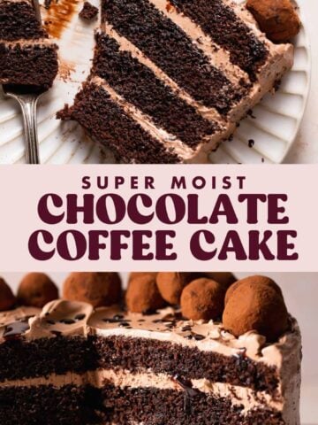 Chocolate coffee cake pinterest pin with text overlay.