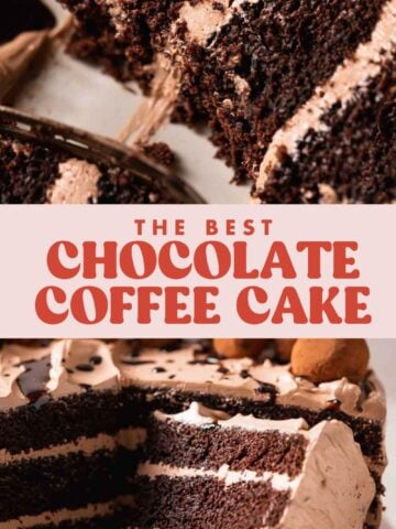 Chocolate coffee cake pinterest pin with text overlay.