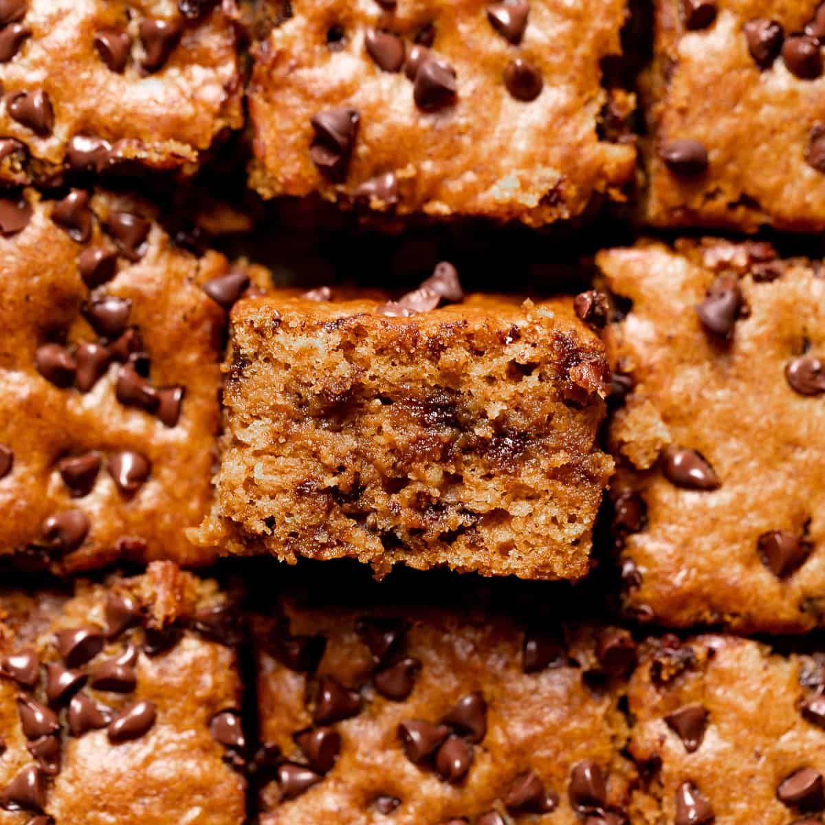 A slice of pumpkin cake with chocolate chips.