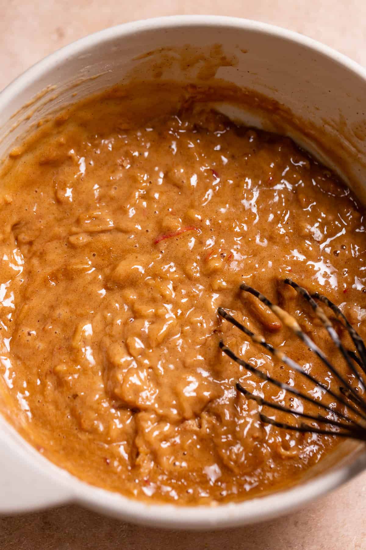 A mixing bowl with the cider cake batter.