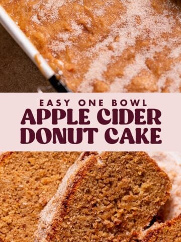 Apple cider donut cake pinterest pin with text overlay.