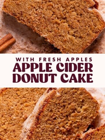 Apple cider donut cake pinterest pin with text overlay.