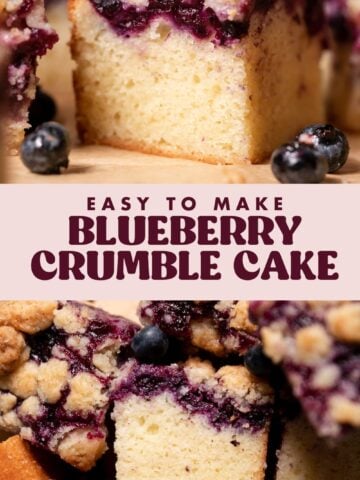 Blueberry crumb cake pinterest pin with text overlay.