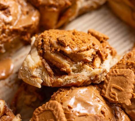 Cookie butter rolls in a baking pan.