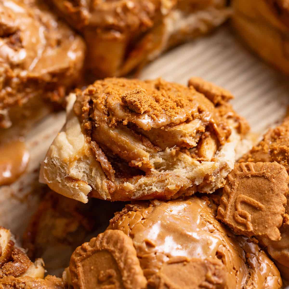 Cookie butter rolls in a baking pan.