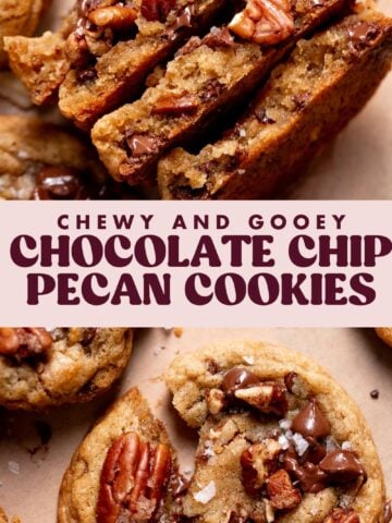 Chocolate chip pecan cookie pinterest pin with text overlay.