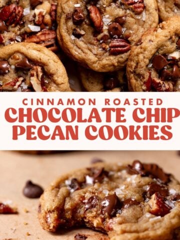 Chocolate chip pecan cookie pinterest pin with text overlay.