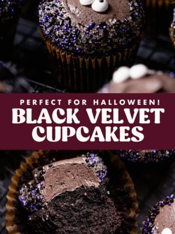 Black velvet cupcake pinterest pin with text overlay.