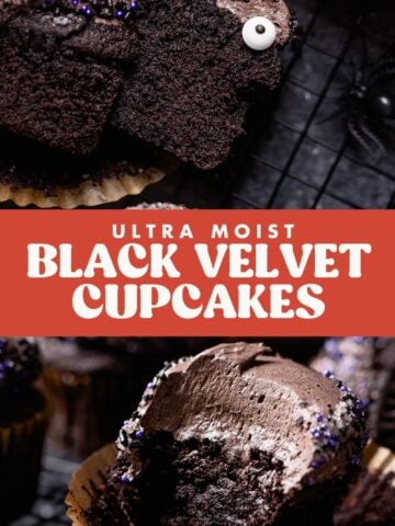 Black velvet cupcake pinterest pin with text overlay.