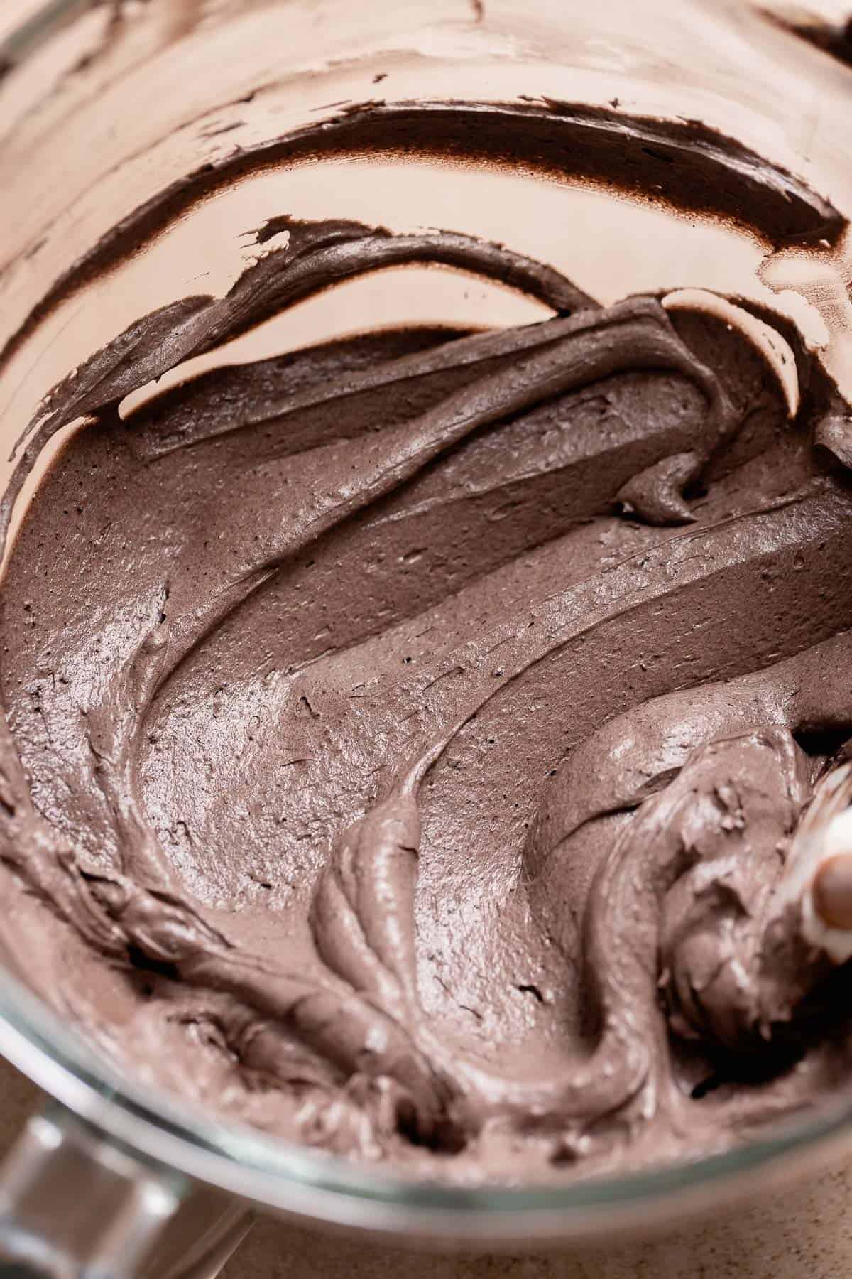 Black cocoa buttercream in a mixing bowl.