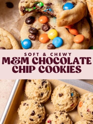 Chocolate chip m&m cookies pinterest pin with text overlay.