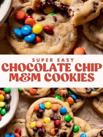 Chocolate chip m&m cookies pinterest pin with text overlay.