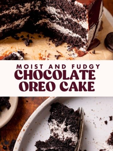 Oreo chocolate cake pinterest pin with text overlay.