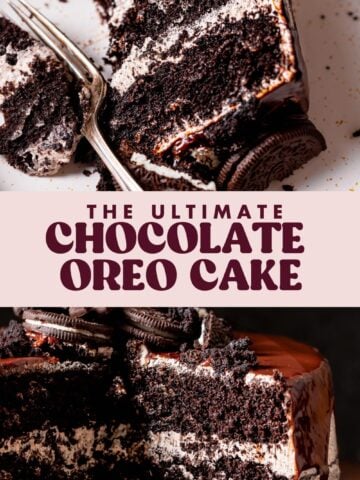 Oreo chocolate cake pinterest pin with text overlay.