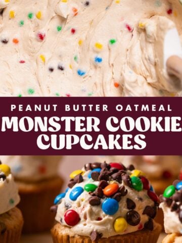 Monster cookie cupcake pinterest pin with text overlay.