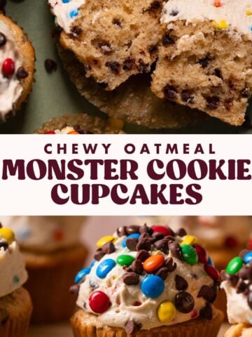 Monster cookie cupcake pinterest pin with text overlay.