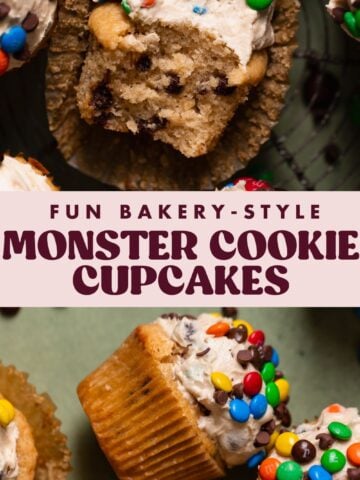 Monster cookie cupcake pinterest pin with text overlay.