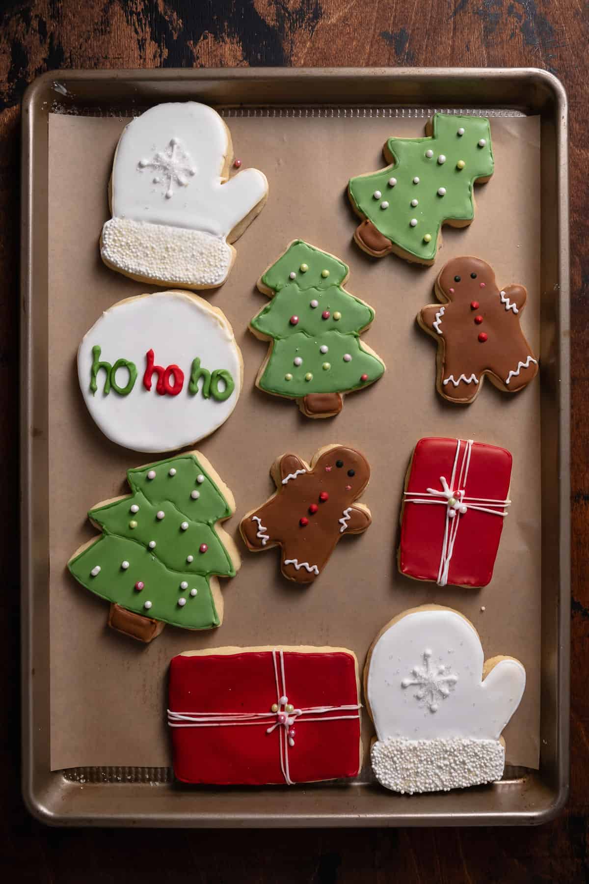 A tray of decorated sugar cookies.