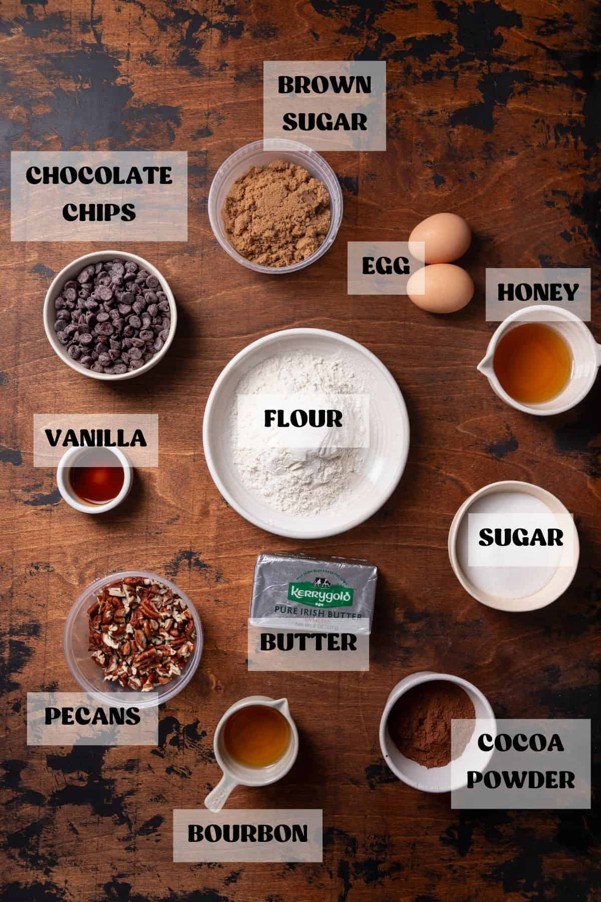 Ingredients needed to make brownies with pecan pie topping.