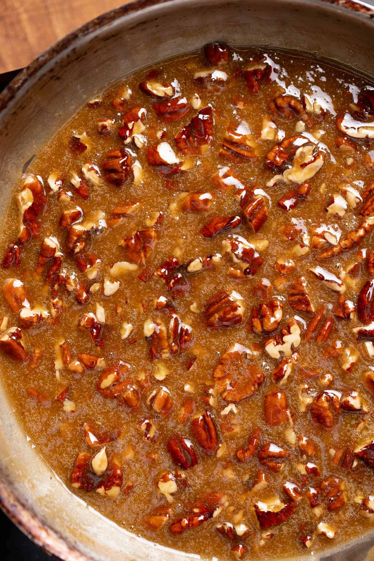 The pecan pie filling after adding the pecans.