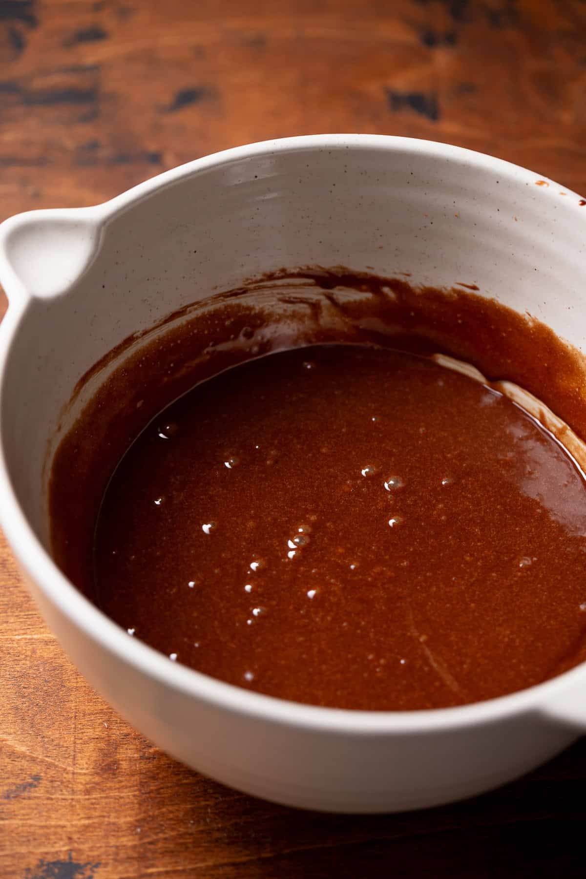 A mixing bowl with the brownie batter.