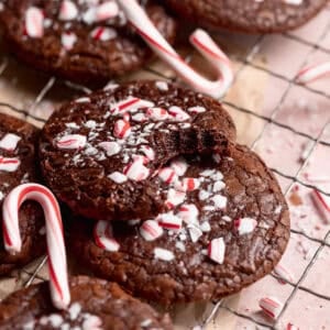 Chocolate peppermint cookie with a bite taken out of it.