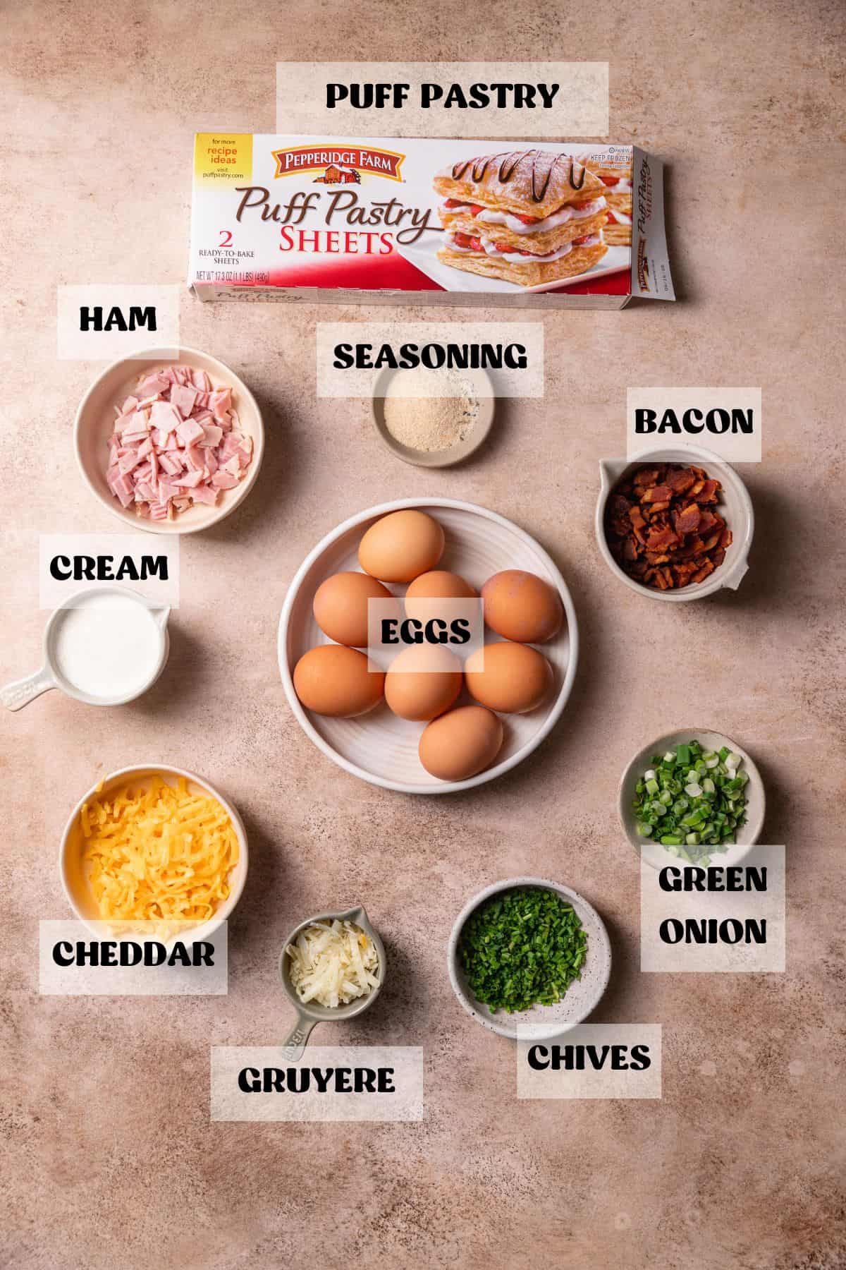 Ingredients needed to make mini puff pastry quiches.