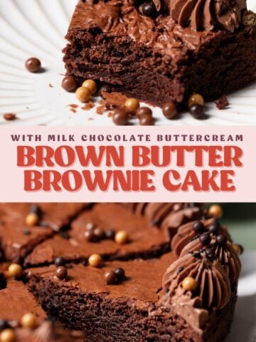 Brown butter brownie cake pinterest pin with text overlay