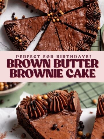 Brown butter brownie cake pinterest pin with text overlay