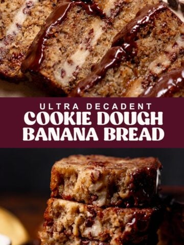 Cookie dough banana bread pinterest pin with text overlay.