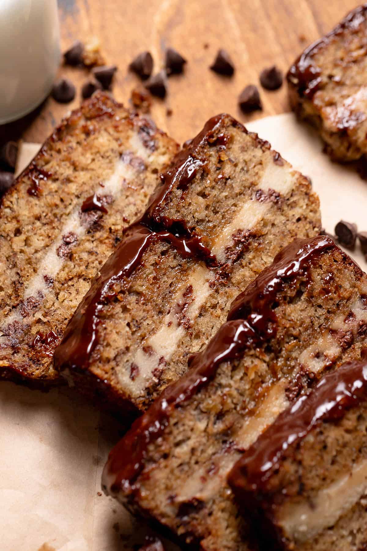 Slices of banana bread stuffed with chocolate chip cookie dough.