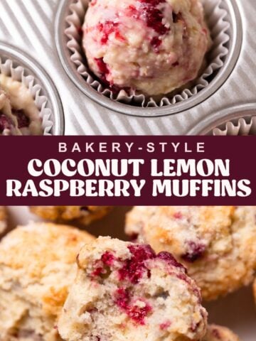 Lemon raspberry muffins pinterest pin with text overlay.