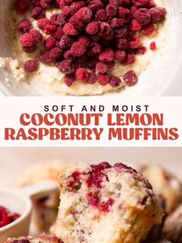 Lemon raspberry muffins pinterest pin with text overlay.